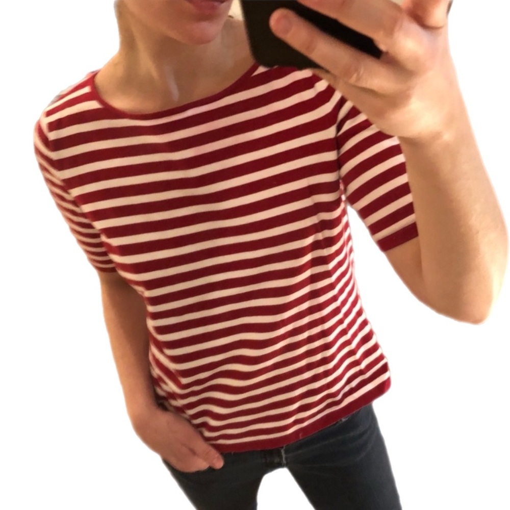 Vintage Red White Stripe Lightweight Knit Short Sleeve Crewneck Tee Shirt